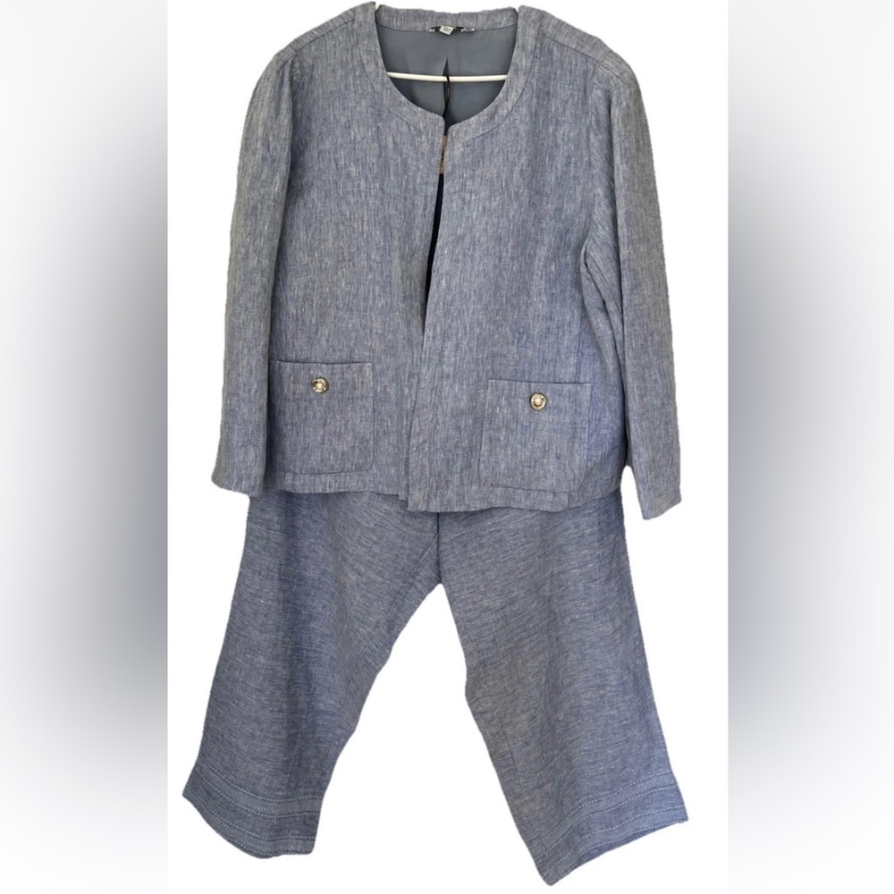 Chicos Plus Size Linen Pant Suit Blue Blazer 16 Ankle Pants 18 Coastal Dressy